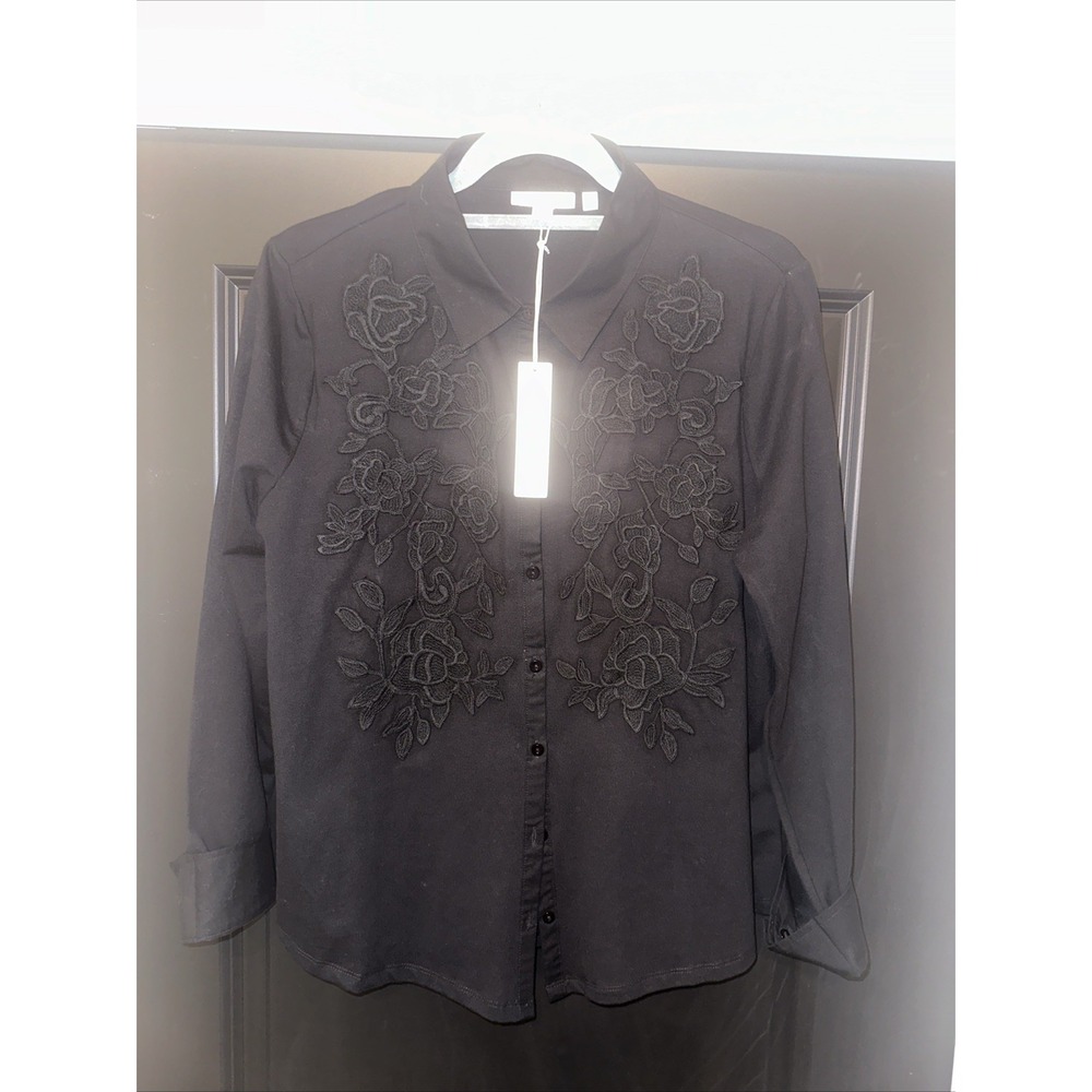 Chicos NEW Black 2 Knit Top Lace APP Knit Shirting Top LS Fashion Knit Alabaster